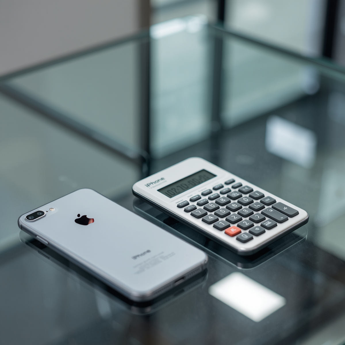 iPhone next to a calculator on a glass table